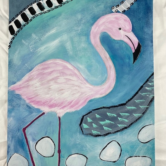 Flamingo Painting, Tropical Bird Art, Coastal Decor, Beach Art 11” x 15” - Picture 2 of 5